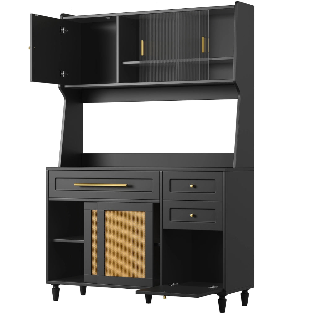 Credenza alta 120x45x195.5 cm con LED; 3 cassetti e ripiani regolabili in MDF e pannello truciolare nero