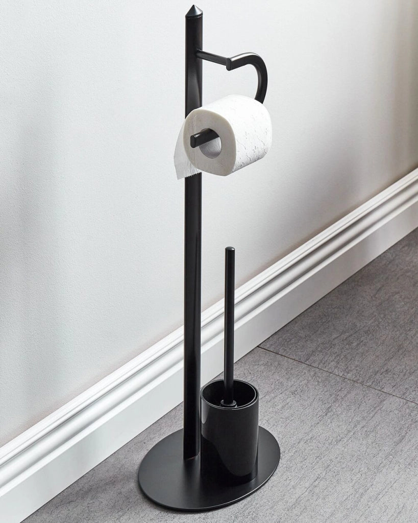 Porta Carta Igienica e Porta Scopino Acciaio Nero Verniciato a Polvere Opaco Freestanding Accessori Bagno Moderni