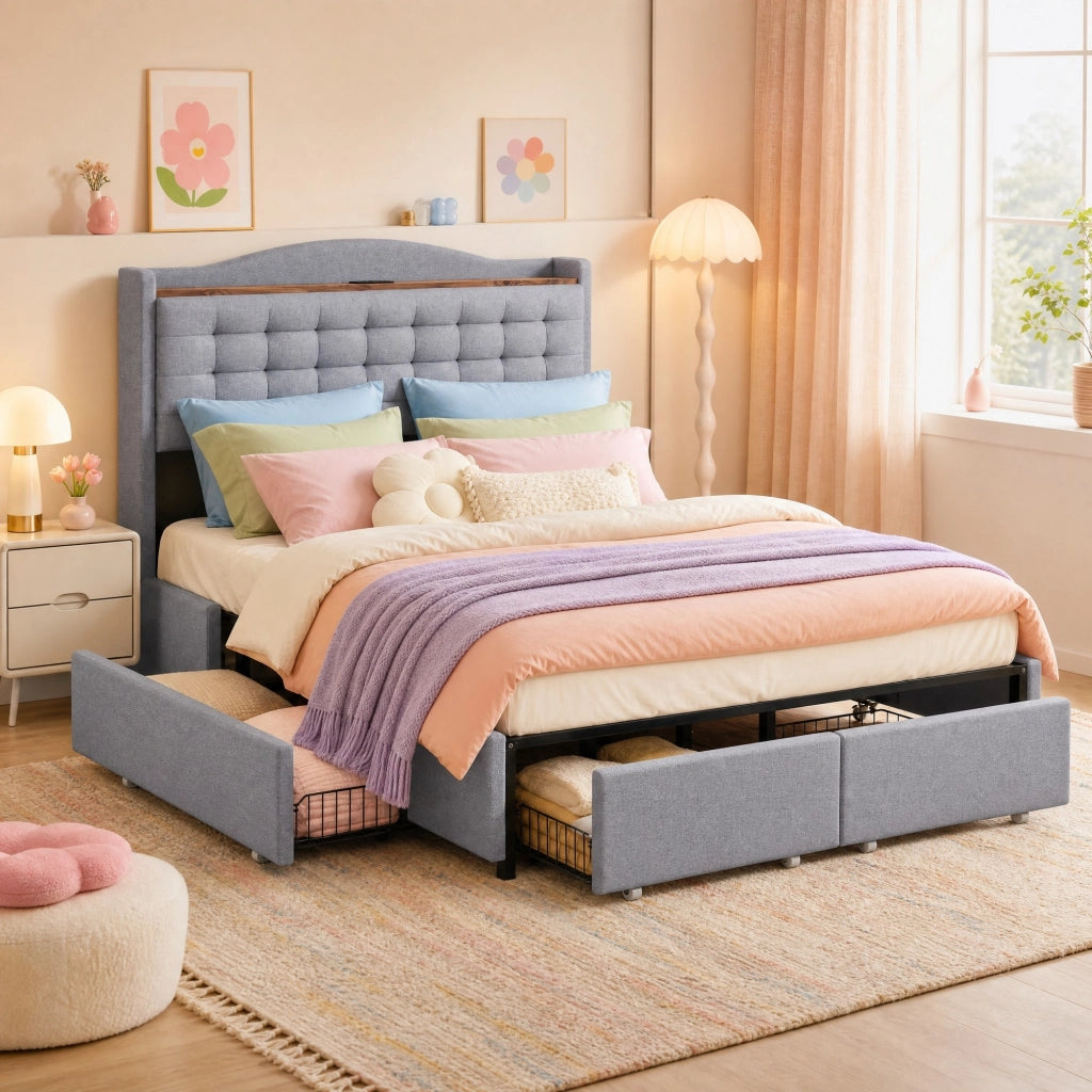 Letto matrimoniale imbottito 160x200 cm grigio con porta USB; 4 cassetti e mensola