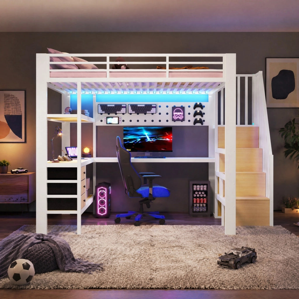 Letto a soppalco in metallo e MDF con scrivania, cassetti e LED