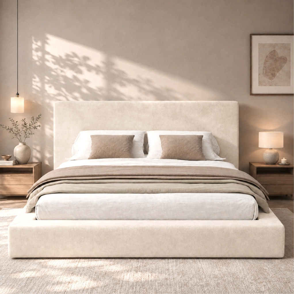 LETTO Imbottito 180x200 cm con Rete a Doghe in Chenille Beige