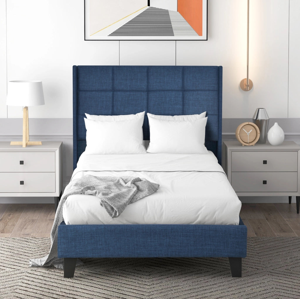 Letto singolo imbottito 90x200 cm con rete e materasso; testiera alta in lino blu