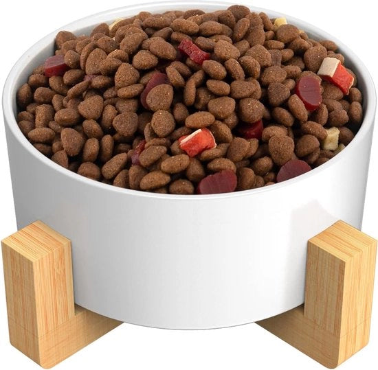 Bacino ceramico con piede in bambù elevato per cani e gatti, da utilizzare come ciotola per cibo o acqua, ciotola per gatti, antiscivolo, lavabile in lavastoviglie (1 x - 850 ml, bianco)