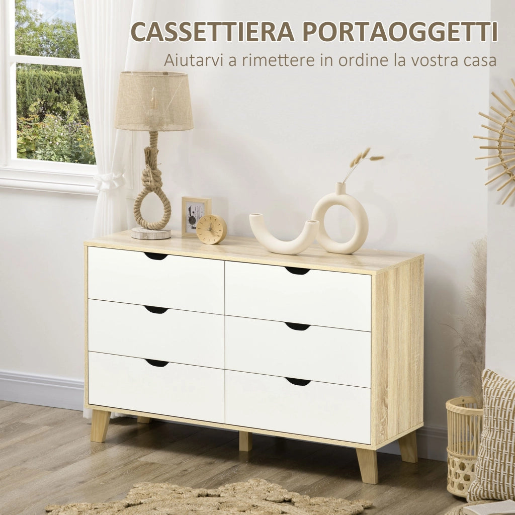 Cassettiera 6 Cassetti 120x40x76 cm con Maniglie Intagliate in Legno Bianco e Rovere