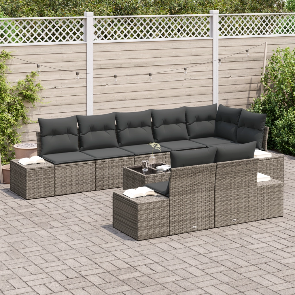 Set Divano da Giardino 8 Pezzi con Cuscini Grigi in Rattan Sintetico