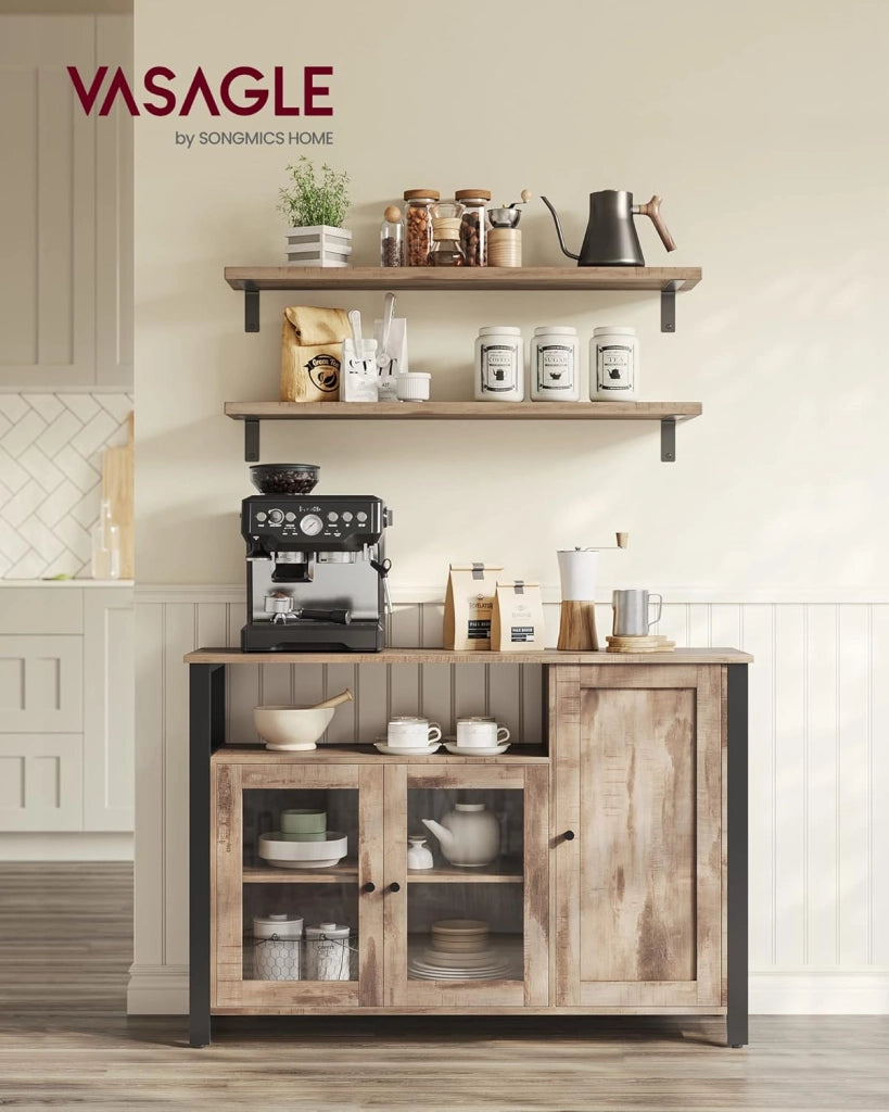 VASAGLE Credenza, Mobile da Cucina, Mobile Contenitore, con 3 Ante, per Soggiorno, Cucina, Sala da Pranzo, 33 x 110 x 75 cm, Stile Country, Marrone Cammello e Nero Inchiostro LSC096B50
