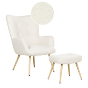Poltrona rivestita in tessuto beige con motivo floreale con poggiapiedi in stile retrò