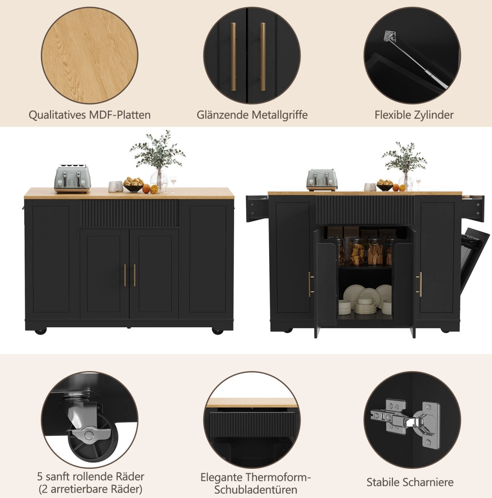 ISOLA DA CUCINA Mobile 120 x 50 x 92 cm Nera in MDF con 2 ante e 3 cassetti