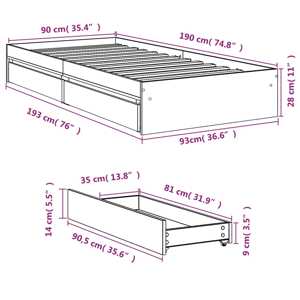 Giroletto Cassetti Rovere Sonoma 90x190 cm Legno Multistrato