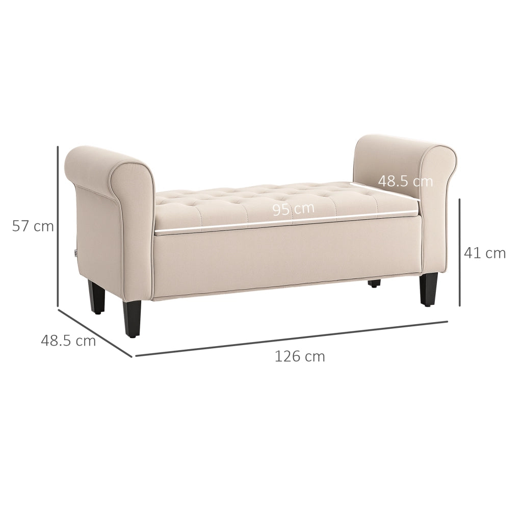 Panca Contenitore Fondoletto  126x48,5x57 cm con Braccioli Alti in Tessuto Effetto Velluto Beige