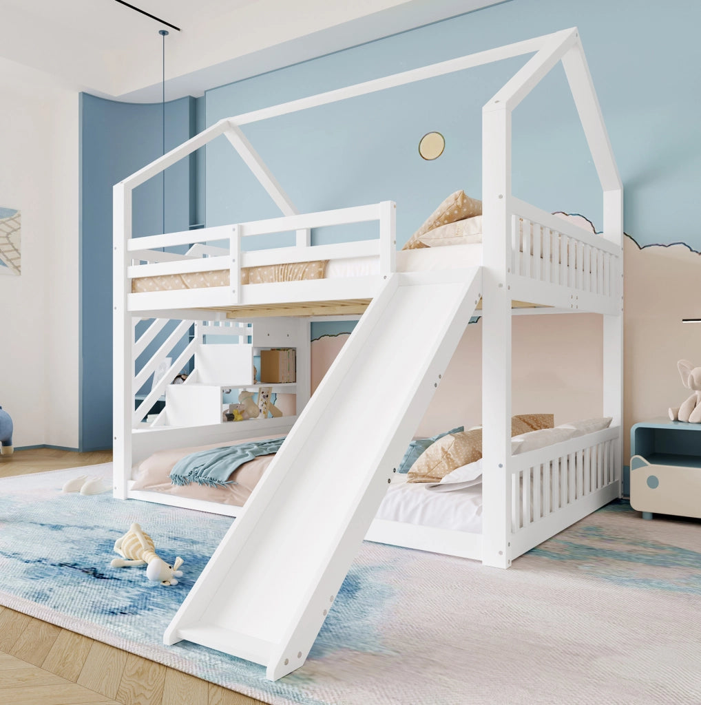 Letto a castello 140x200 cm con scala contenitore e scivolo; in legno di pino; bianco (Senza materasso)