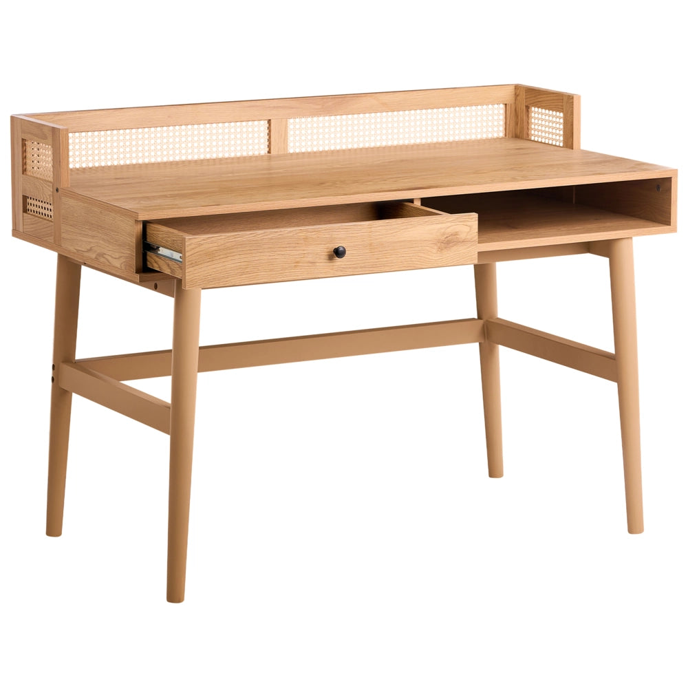 Scrivania da casa in MDF marrone chiaro 120 x 60 cm, con cassetti e intreccio viennese, gambe in legno, design scandinavo