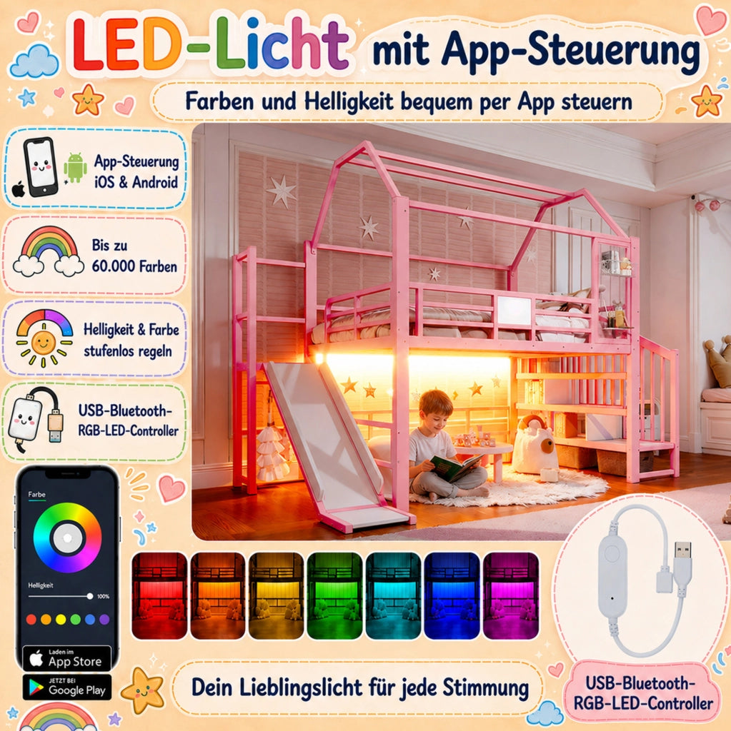 Letto a soppalco ULEVR 140x200 cm a casetta con scivolo, scala con ripiani, LED Bluetooth e barra appendiabiti, rosa