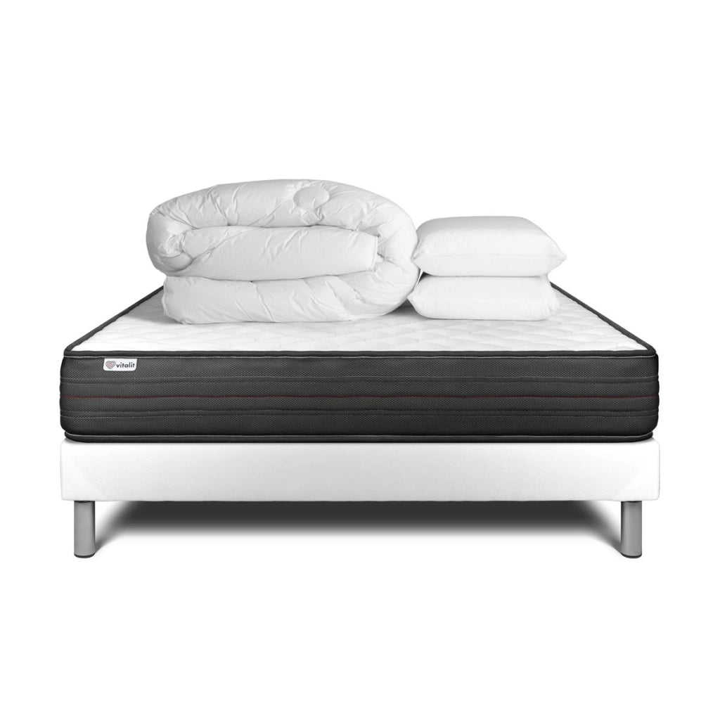 Pacchetto letto completo - Materasso 140x200cm + Box spring con doghe (in kit) + 2 cuscini + Piumino - Vitalpower