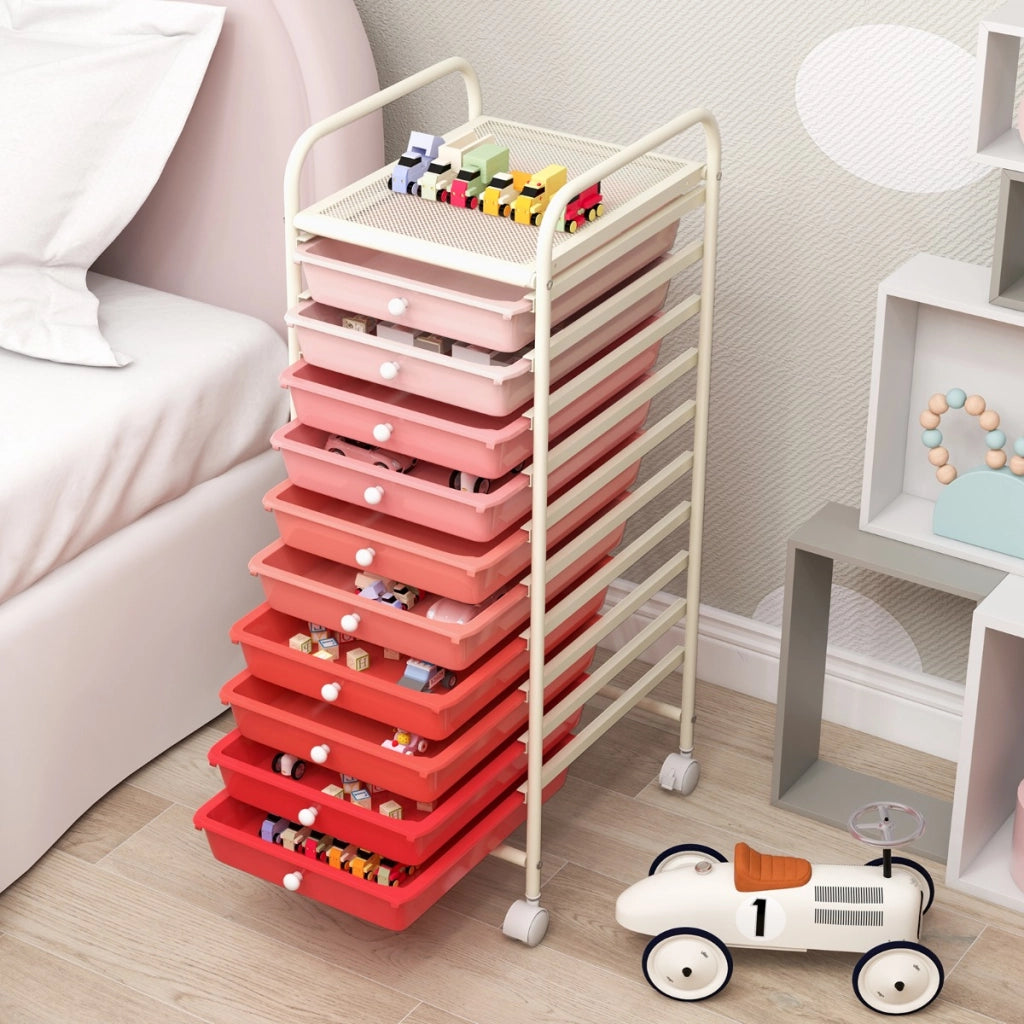 Carrello cassettiera multiuso con 10 cassetti da cucina, Contenitore con ruote a 10 ripiani per bagno Rosa-Armadi da ufficio