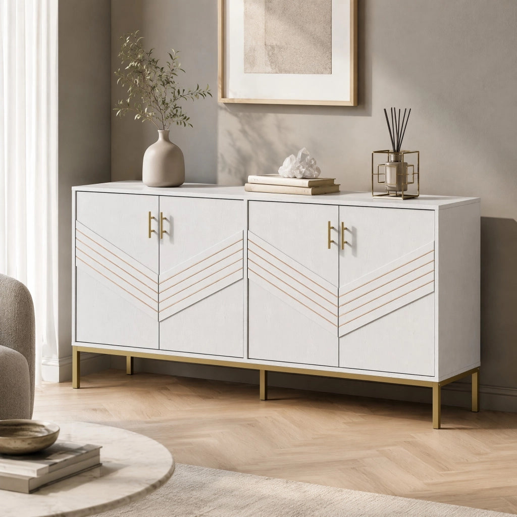 Credenza a 4 ante con ripiani regolabili in MDF bianco e effetto legno, per soggiorno e sala da pranzo, 160 × 40 × 80,5 cm