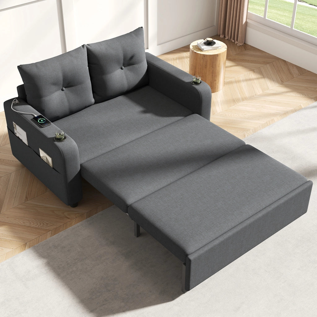 Divano letto 2 posti - con funzione letto; portabicchieri e USB - in cotone lino grigio