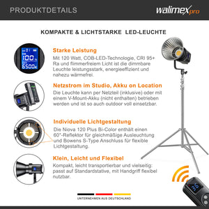 LED Niova Compact 120 W luce video bicolore, luce video con attacco Bowens, luce da studio con tecnologia COB LED, luminosità regolabile dal 10 al 100%.