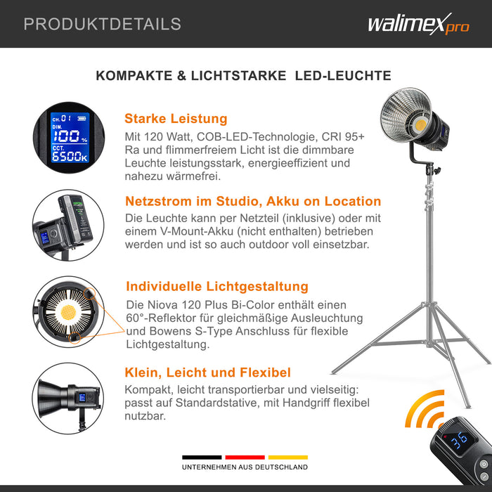 LED Niova Compact 120 W luce video bicolore, luce video con attacco Bowens, luce da studio con tecnologia COB LED, luminosità regolabile dal 10 al 100%.