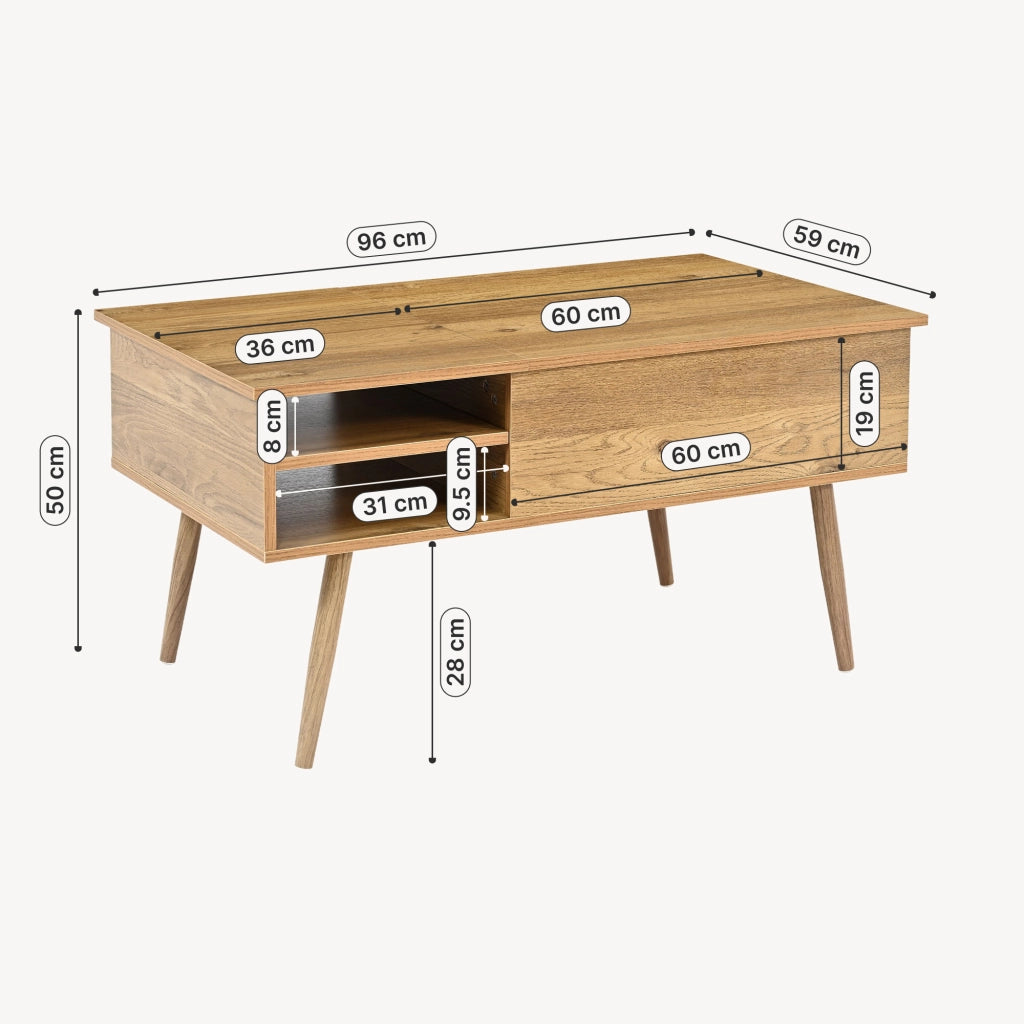 Tavolino da Salotto Vasdabod con Piano Sollevabile e 2 Vani Aperti 96 x 59 x 50 cm - Effetto Rovere [en.casa]