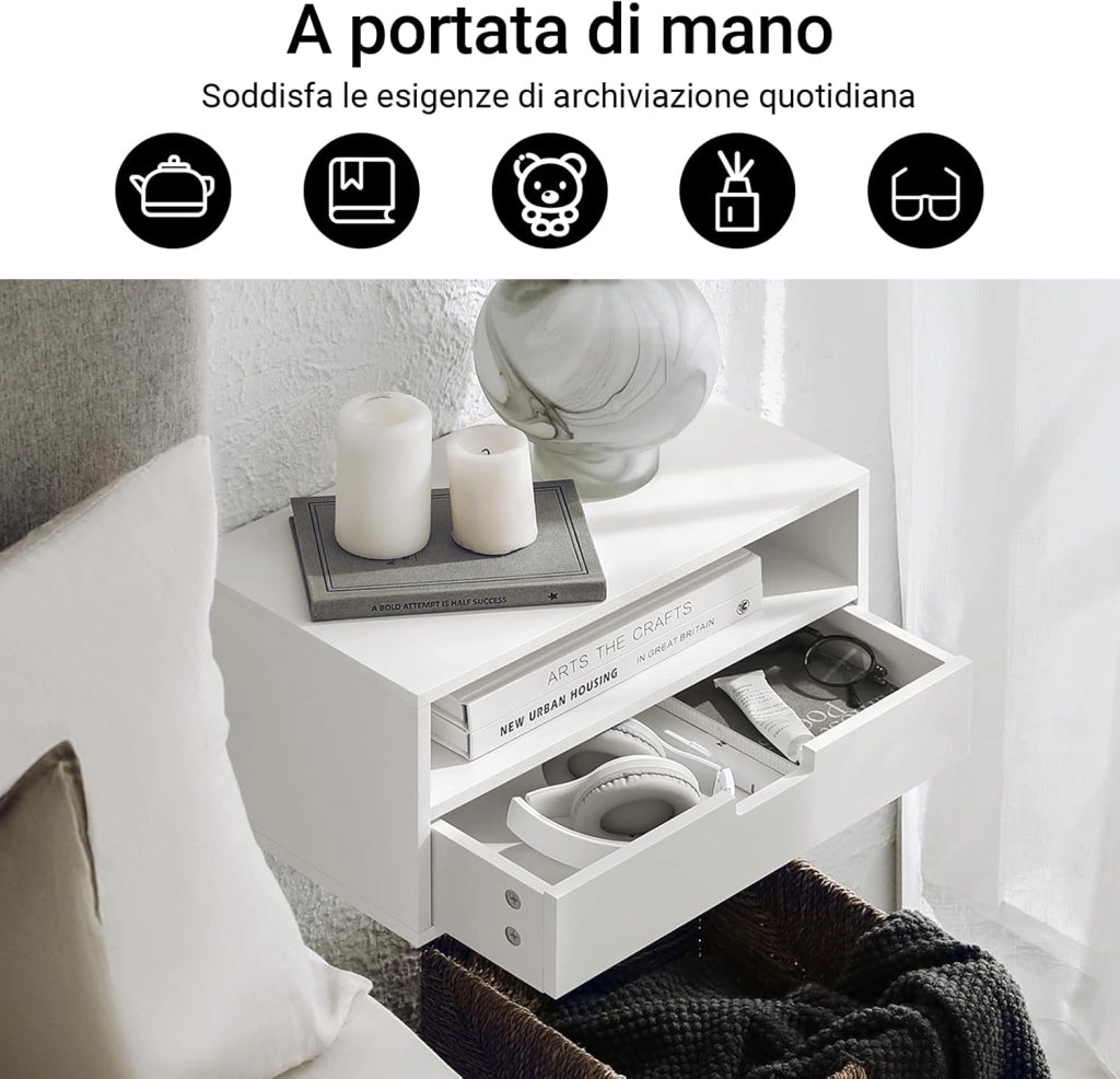 Set di 2 Comodino Sospeso - Mensola da Parete Salvaspazio con Cassetto e Ripiano Aperto, Tavolino da Letto per Camera da Letto, L45 x P25 x A22 cm, Bianco, NKD03-Wx2
