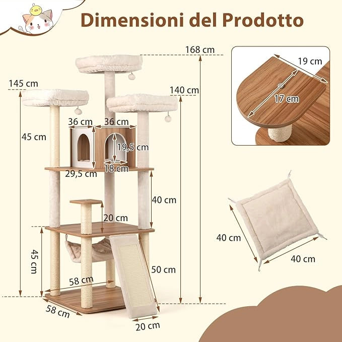 Tiragraffi per Gatti 168 cm, Albero per Animali Domestici con 3 Piattaforme, Condo, Tiragraffi in Sisal, Scala e Palline Appesse, Mobile da Arrampicata con Multi Livelli