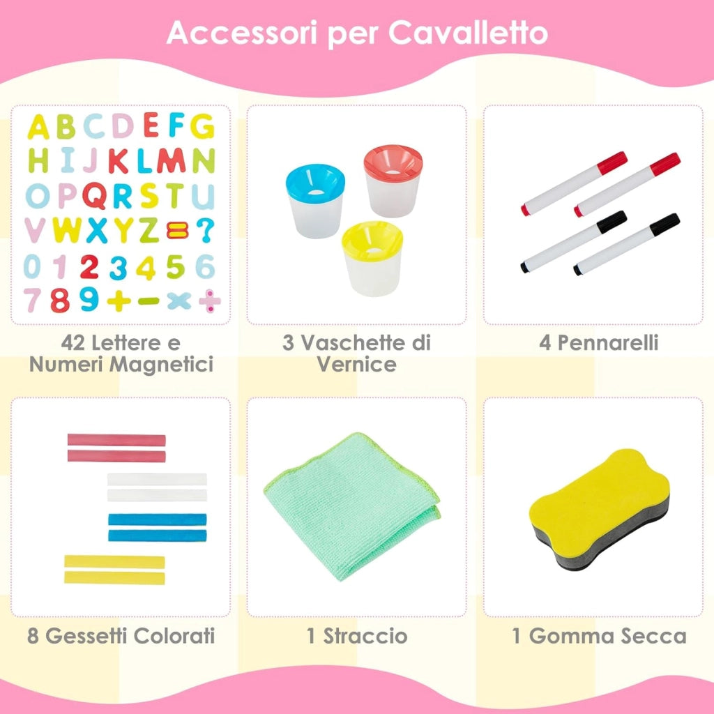 Cavalletto per Bambini Regolabile in Altezza in Legno, Cavalletto a Doppio Lato con Lavagna Magnetica e Bianca, con Scatola, Magneti con Lettere e Numeri, per Bambini 3-8 Anni (Rosa)