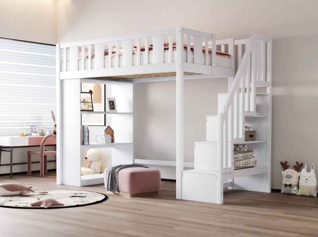 Letto a soppalco 90x200 cm con scala contenitore e 15 doghe in legno bianco