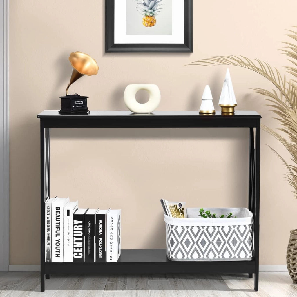 Tavolino Consolle da Divano, a 2/3 Ripiani, Stuttura a X, Portata di 50 kg, Compatto per Salvaspazio, Ideale per Camera, Soggiorno, Ingresso, 4 Colori (Nero, 100x30x80cm)