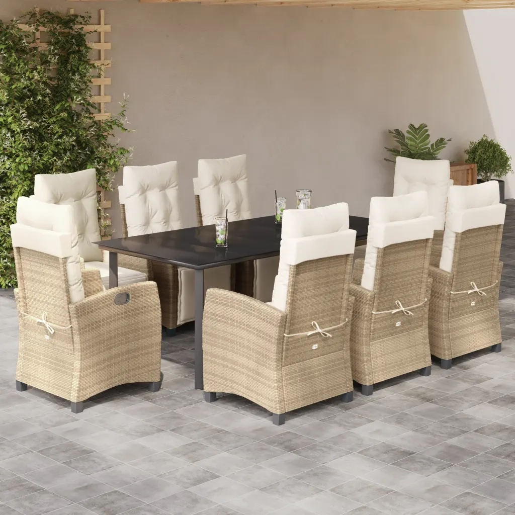 Set da Pranzo da Giardino 9 pz con Cuscini Beige in Polyrattan 3213015