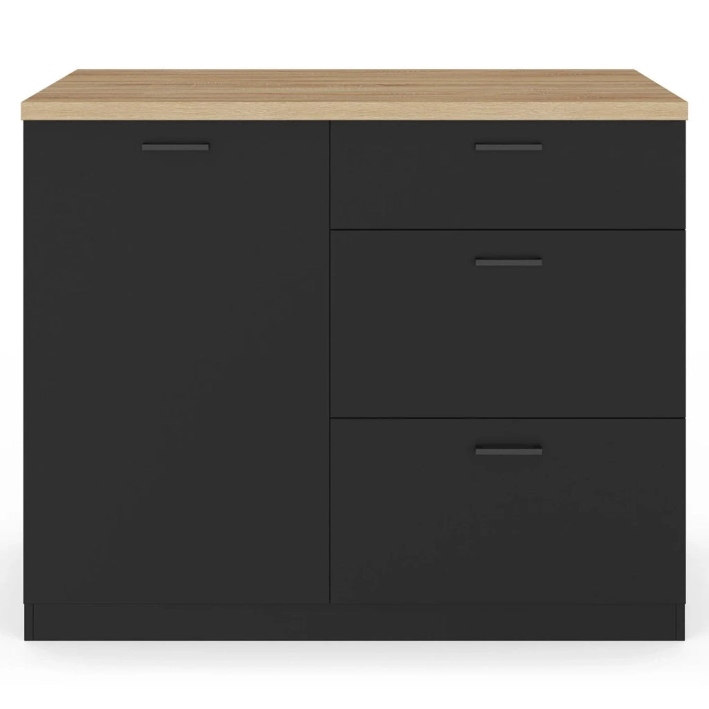 IDMarket - Isola centrale TIBO 110 cm con 3 cassetti in legno nero e piano di lavoro effetto faggio