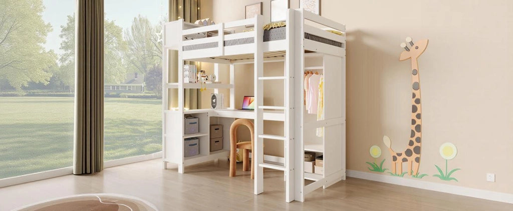 DESMIU Letto a soppalco 90 × 200 cm 1 piazza con scrivania, ripiani, armadio e vani, senza materasso, per bambino