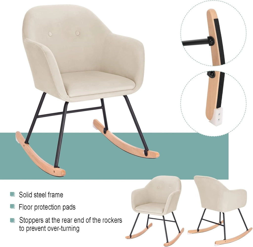 Sedia a Dondolo per Soggiorno Poltrona Relax con Schienale Braccioli Fodera in Velluto Crema SKS16cm