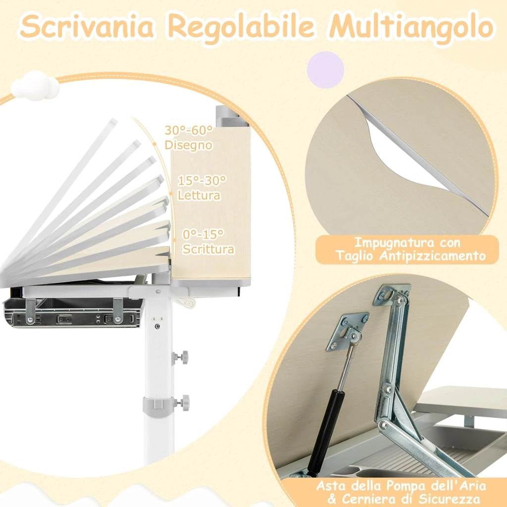 Scrivania per Bambini 3+ Anni Regolabile in Altezza 50-73 cm,Grigio | Scrivania da Studio con Piano Inclinabile 60°, Scrittoio Cameretta con Scaffale, Cassetto, Portapenne e Righello