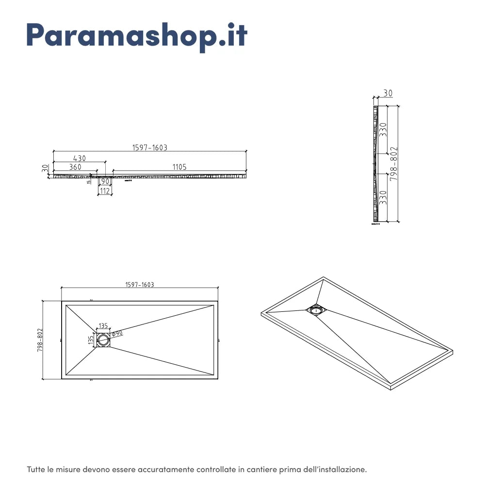 Piatto doccia rettangolare 80x160 cm in marmoresina bianco effetto pietra h3 cm | Milos