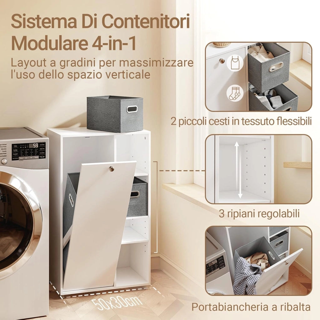 Mobile Lavanderia con Cesto Portabiancheria e 2 Cassetti in Tessuto - Mobiletto Bagno Salvaspazio Armadietto Bagno Bianco Mobile Salvaspazio 50x30x105 cm BZR218-W