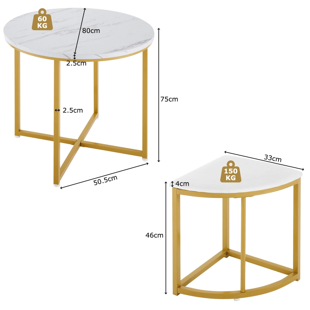 Tavolo da pranzo rotondo per 4 persone con 4 sedie, piano in MDF, struttura in metallo, bianco e oro, 80 cm