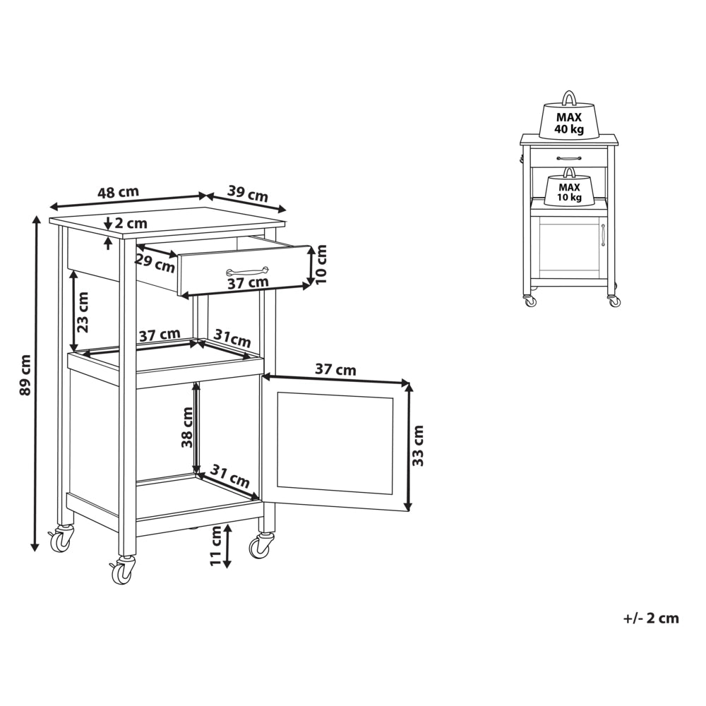 Carrello da Cucina Bianco e Legno Chiaro Piano MDF 48 x 39 x 89 cm Armadio Porta Asciugamani Posate Cassetti Ruote