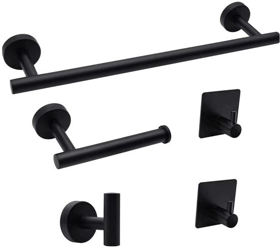 Set accessori da bagno 5 in 1 di acciaio inox - contenitore per le carte igieniche + appendiasciugamano + asciugamani da parete - set da bagno inox per installazione a parete (nero)