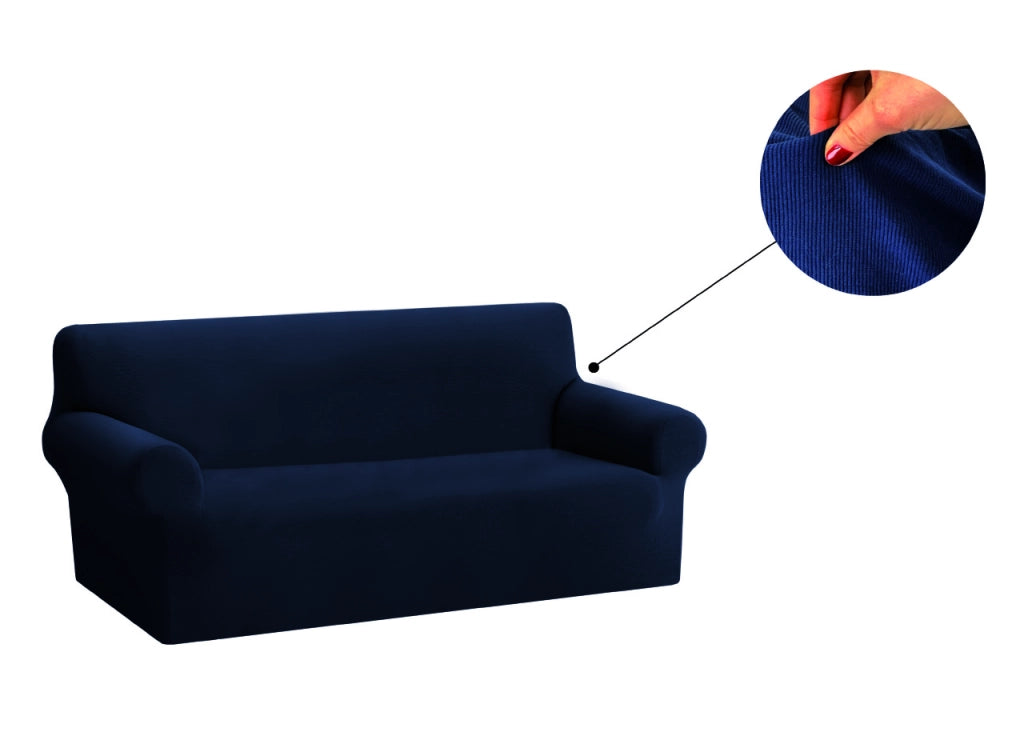 Copridivano Copriseduta Sofà Elasticizzato Tinta Unita Smile Tessuto Millerighe - 3 Posti - Blue