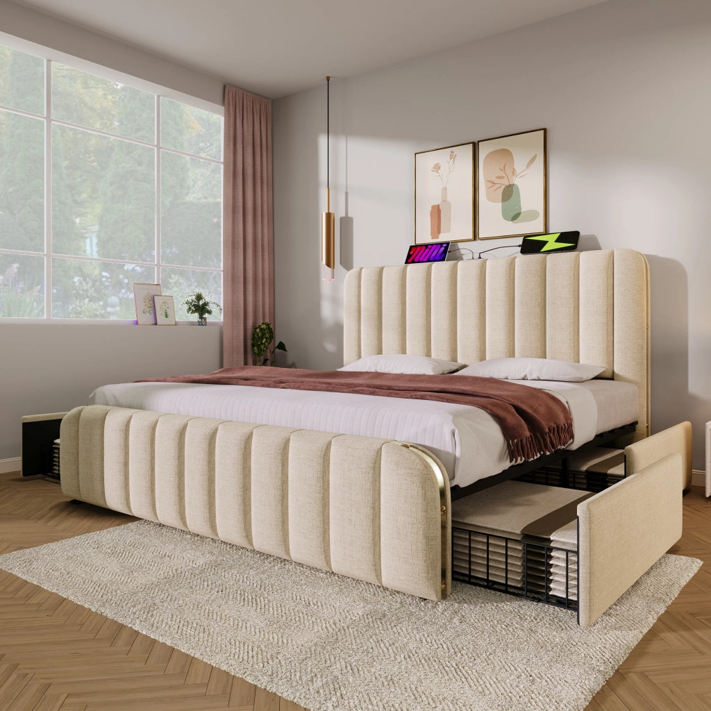 Letto con cassetti 180 × 200 cm con 4 cassetti; testiera imbottita USB e Type-C; metallo e lino beige