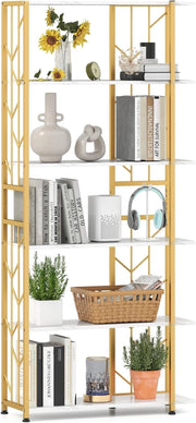 Libreria a 6 Ripiani, Libreria Geometrica Moderna con Telaio in Metallo, Scaffale da Terra con 2 Kit Antiribaltamento per Soggiorno Camera da Letto Studio, 80x31x180 cm (Bianco)