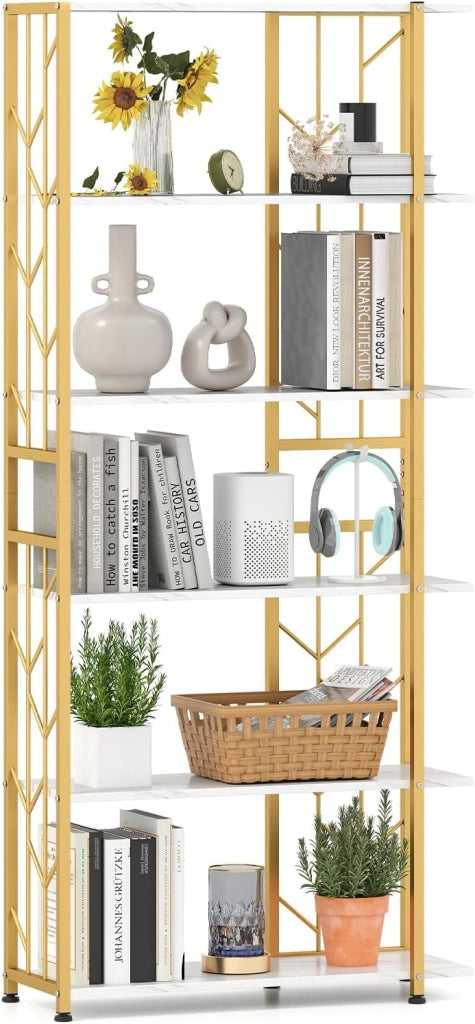 Libreria a 6 Ripiani, Libreria Geometrica Moderna con Telaio in Metallo, Scaffale da Terra con 2 Kit Antiribaltamento per Soggiorno Camera da Letto Studio, 80x31x180 cm (Bianco)