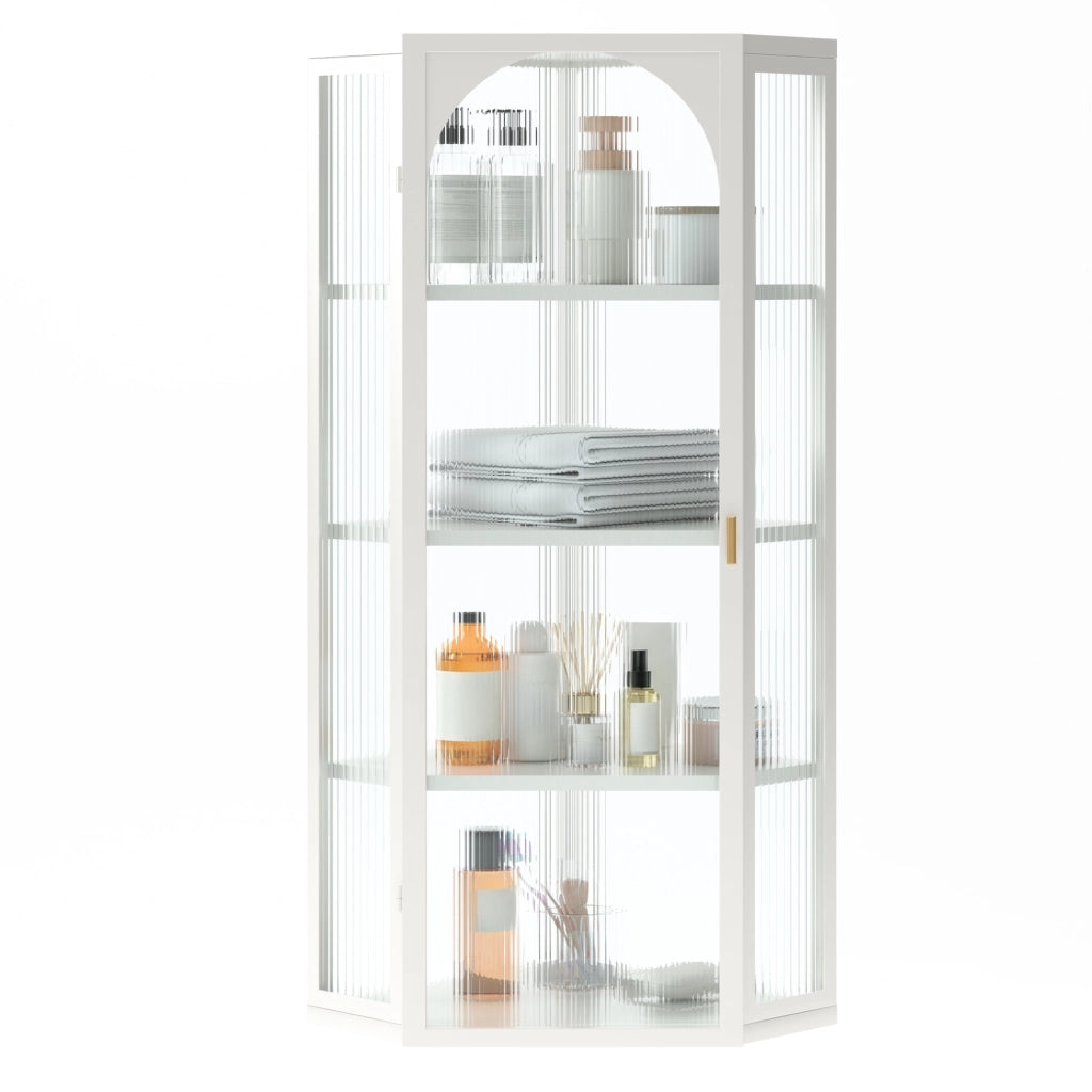 Armadio da parete triangolare bianco con vetro trasparente chiaro, 105 cm, 4 ripiani senza schiena, per cucina e bagno