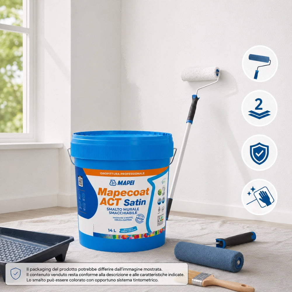 Mapei mapecoat act satin smalto murale lavabile antimuffa e antibatterico *** formato 14 lt, confezione 1