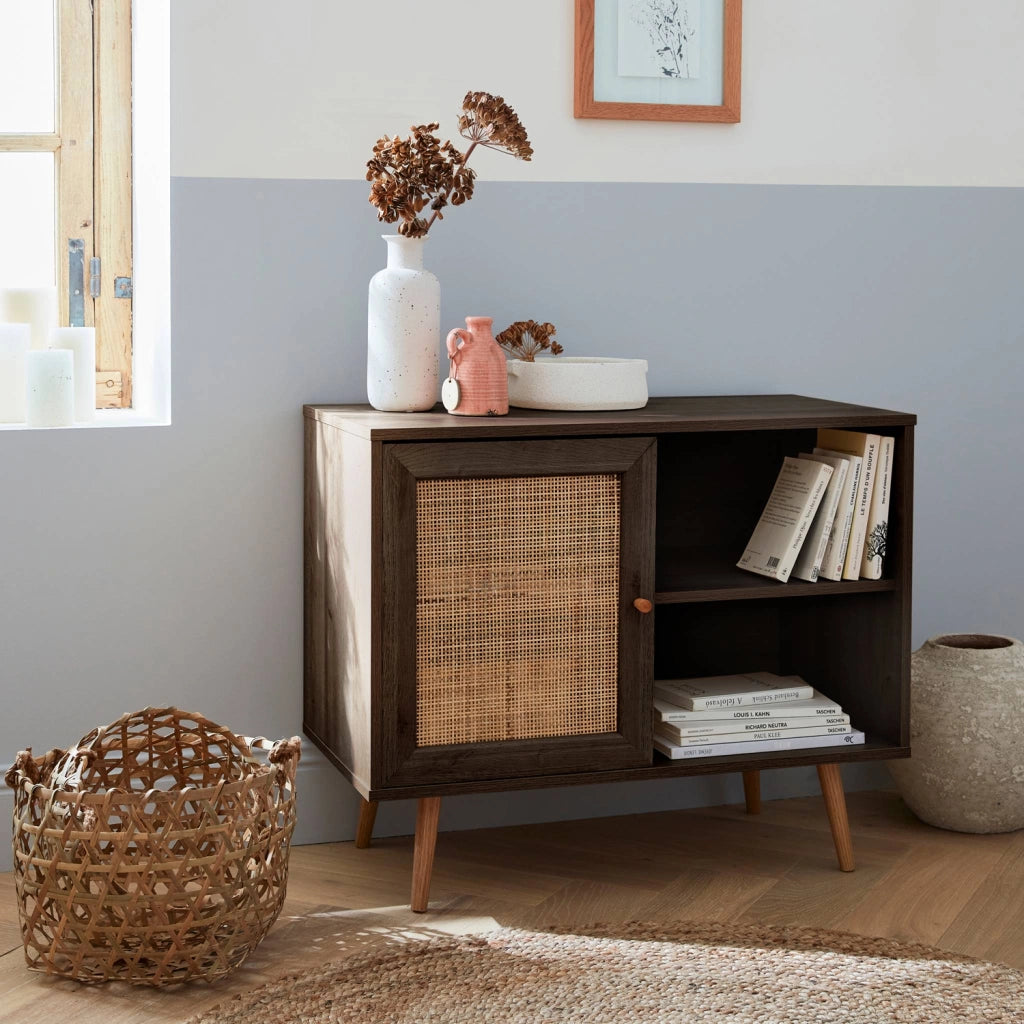 Credenza in cannage, 1 anta, 80cm, marrone scuro