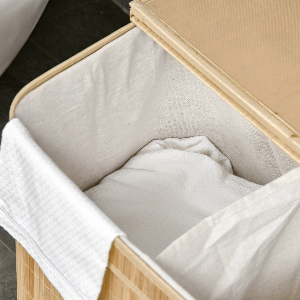 Cesto portabiancheria in bambù con coperchio, 2 scomparti e sacco interno rimovibile, 90 L, 54,2 x 35,2 x 59,5 cm