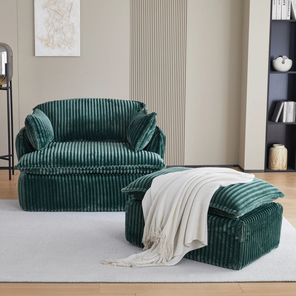 Poltrona con pouf per relax, con seduta in schiuma ad alta densità e cuscini, in flanella verde