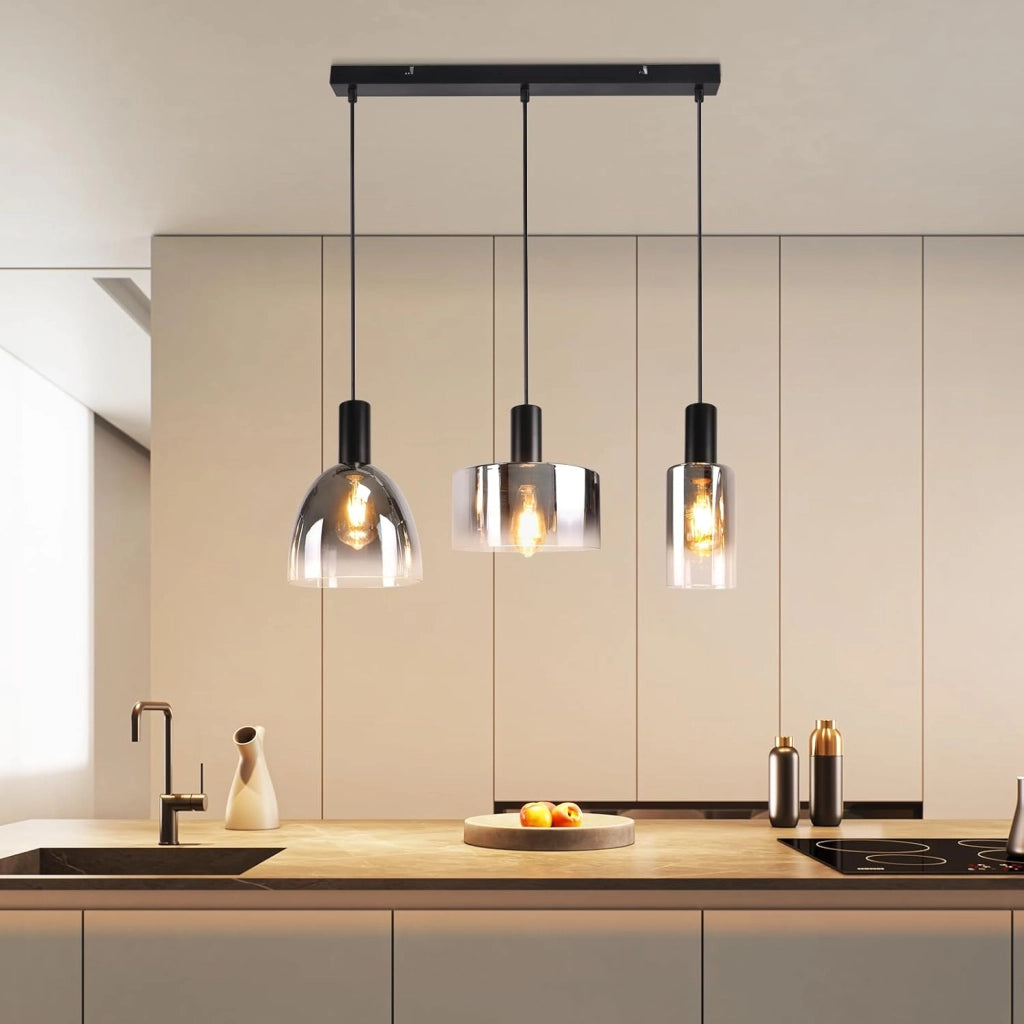 ZMH Lampada a Sospensione 3 Luci E27 Vintage Vetro Fum¨¦ Altezza Regolabile per Camera Cucina Senza Lampadina