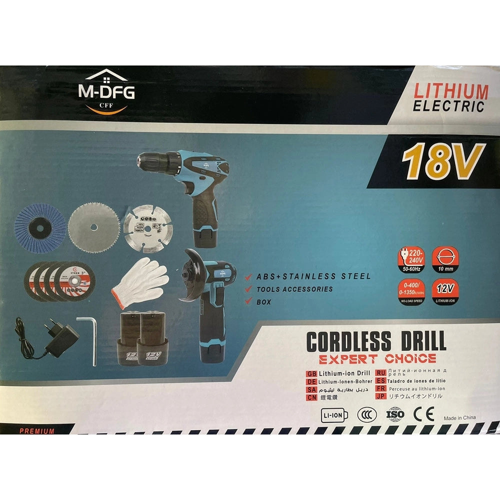 Trade Shop - Set Trapano Avvitatore + Flex Smerigliatrice Angolare A Batteria 18v Con Accessori -
